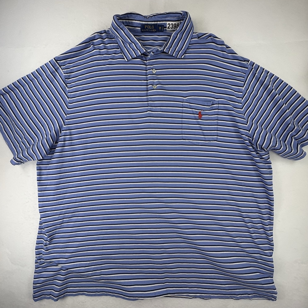 Polo Ralph Lauren Polo Shirt Mens Big 3XB Blue Striped Cotton Pocket Knit Logo